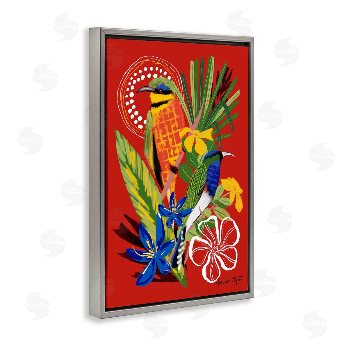 Hannah Byatt Gambia Inspired Birds Gray Floating Frame Canvas Wall Art Print