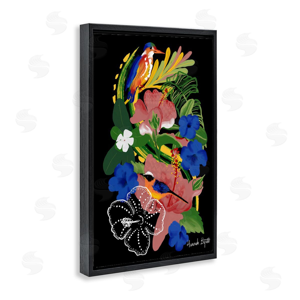 Hannah Byatt Tropical Gambia Style Florals Black Floating Frame Canvas Wall Art Print