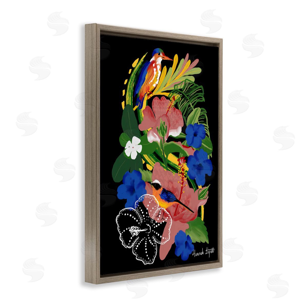 Hannah Byatt Tropical Gambia Style Florals Brown Floating Frame Canvas Wall Art Print