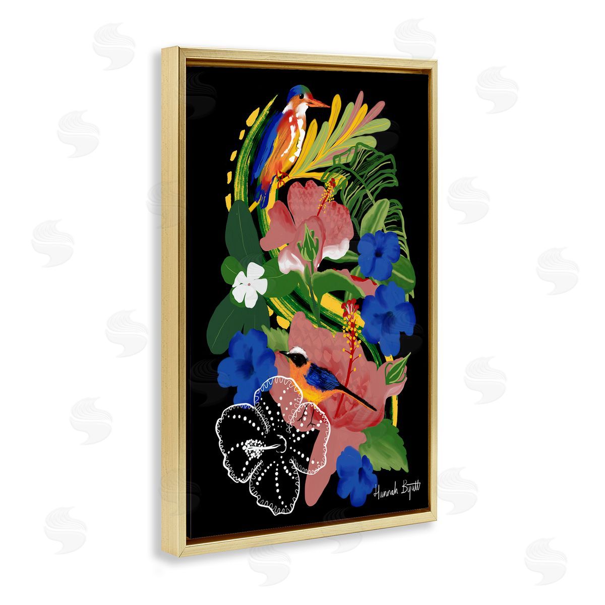 Hannah Byatt Tropical Gambia Style Florals Gold Floating Frame Canvas Wall Art Print