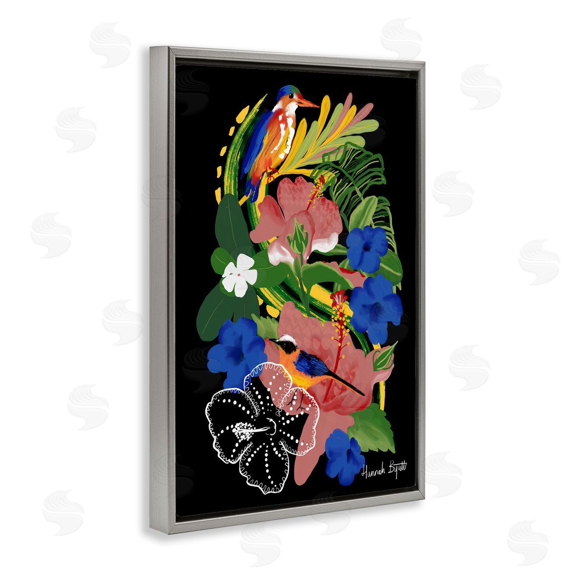 Hannah Byatt Tropical Gambia Style Florals Gray Floating Frame Canvas Wall Art Print