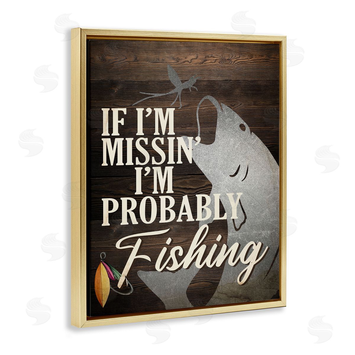Kim Allen Rustic Probably Fishing Gold Floating Frame Canvas Wall Art Print