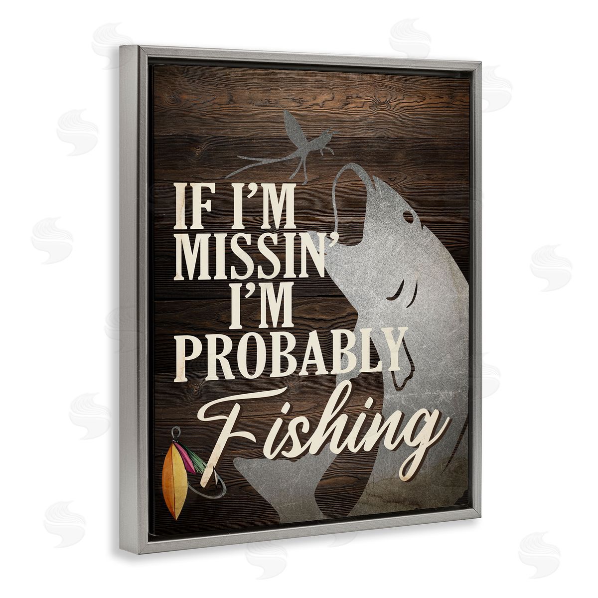 Kim Allen Rustic Probably Fishing Gray Floating Frame Canvas Wall Art Print