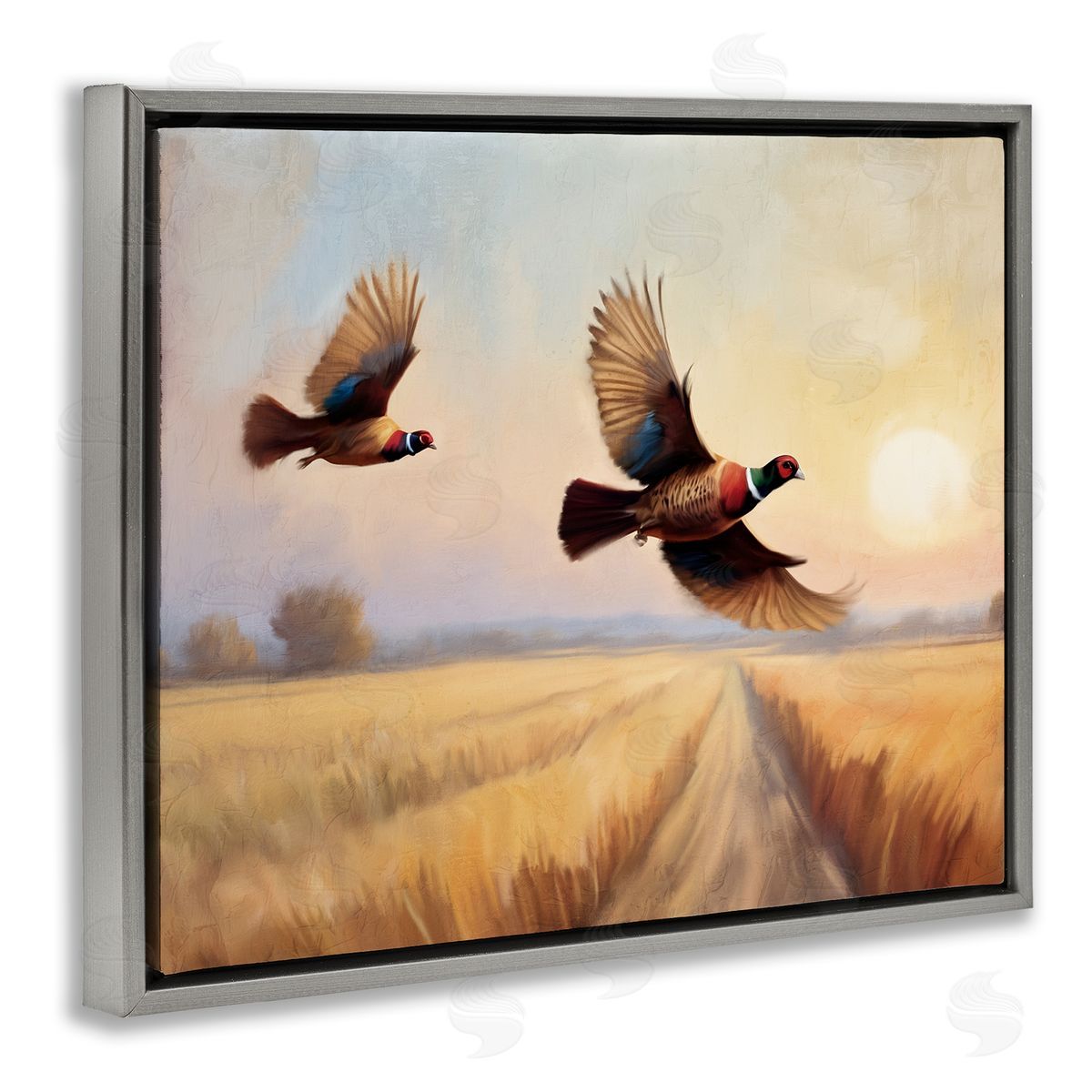 Kim Allen Fall Flight Pheasants Gray Floating Frame Canvas Wall Art Print