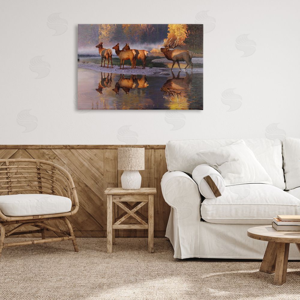 Rod Lawrence Distant Challenge Elk Family Canvas Wall Art Print in Room