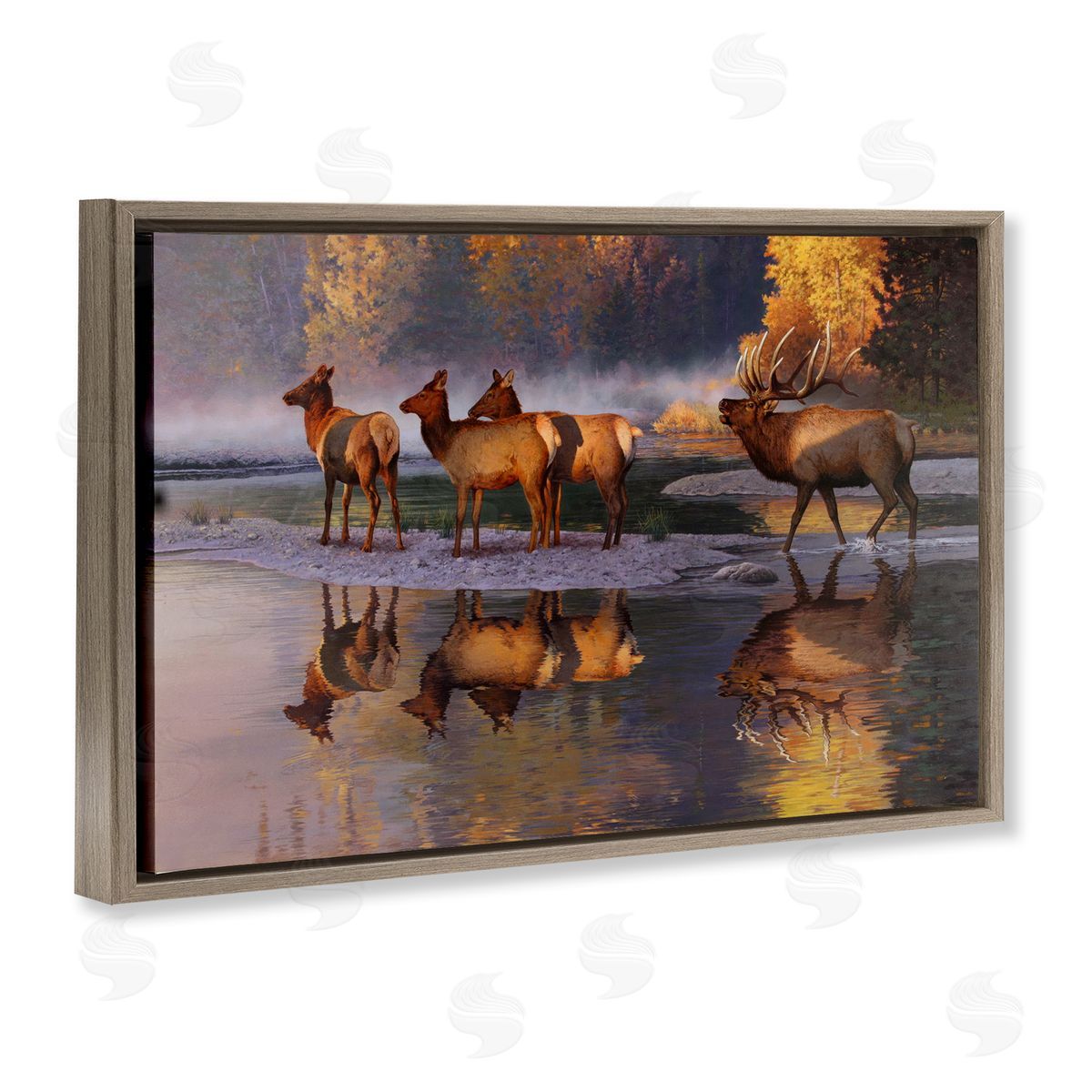 Rod Lawrence Distant Challenge Elk Family Brown Floating Frame Canvas Wall Art Print