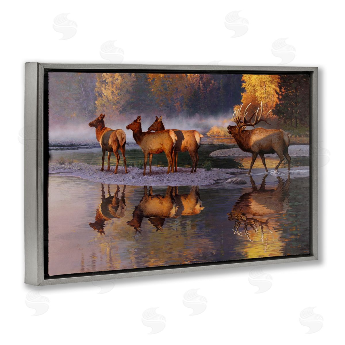 Rod Lawrence Distant Challenge Elk Family Gray Floating Frame Canvas Wall Art Print