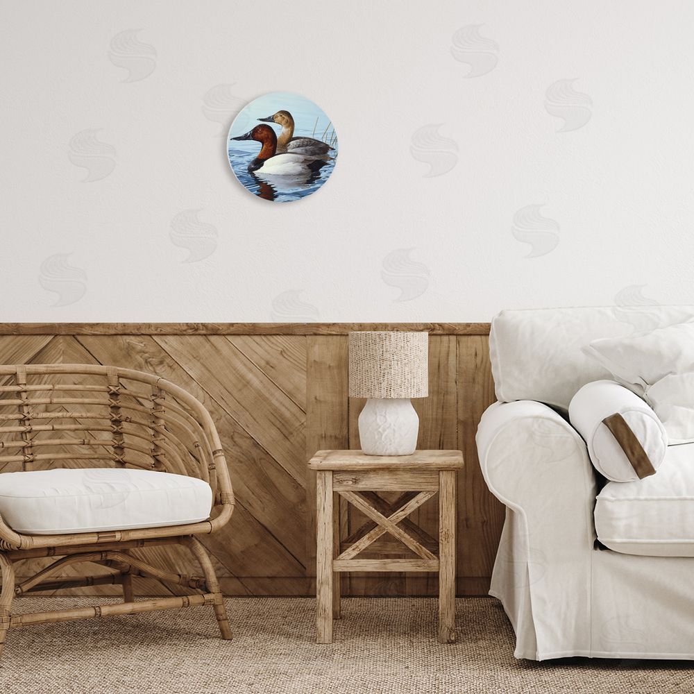 Rod Lawrence Traditional Canvasback Ducks Round Wall Plaque Art Print in Room