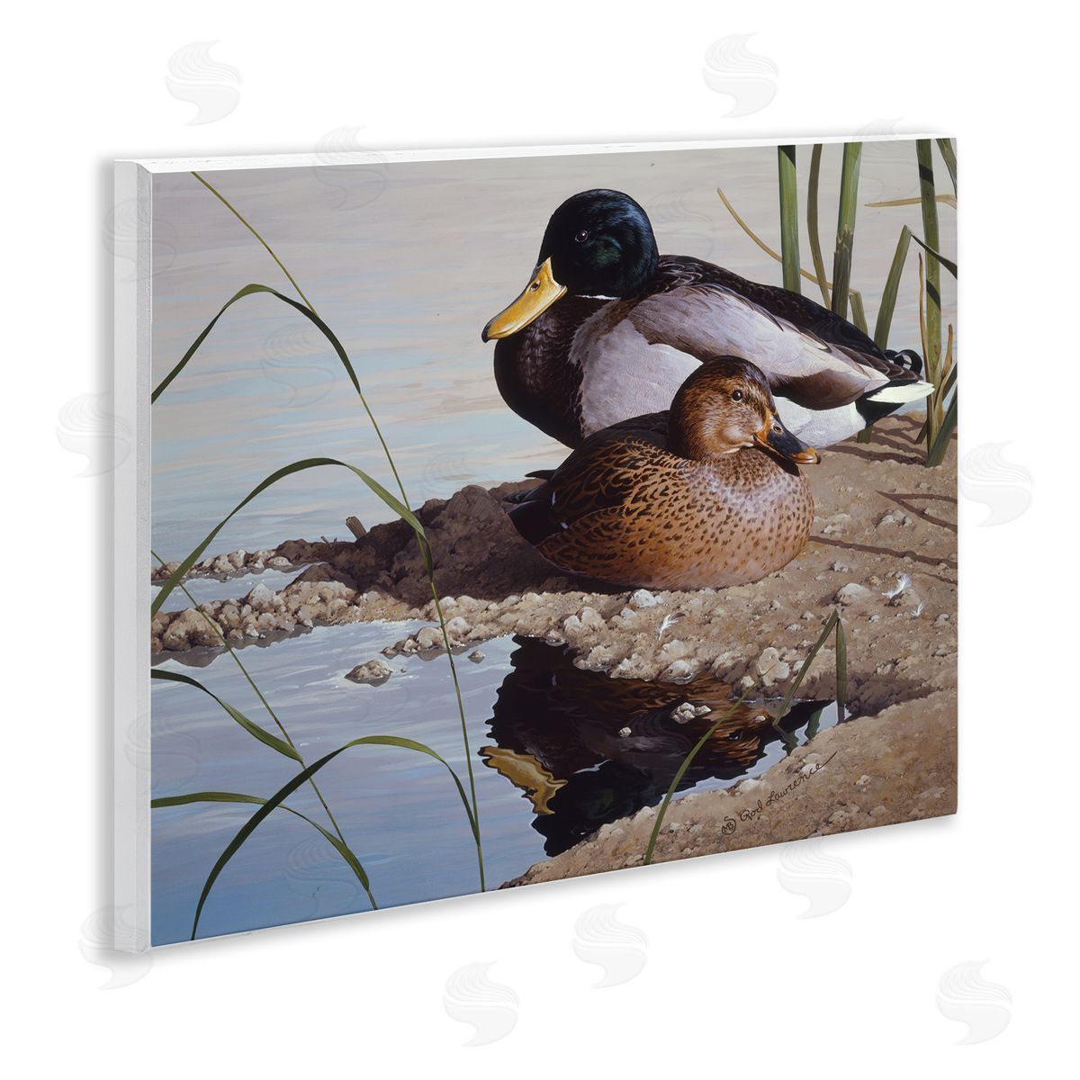 Rod Lawrence Two Ducks Water's Edge Wooden Wall Plaque Art Print