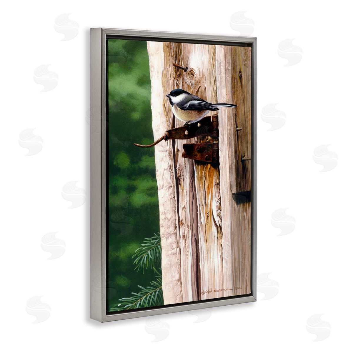 Rod Lawrence Bird on Rusty Perch Gray Floating Frame Canvas Wall Art Print