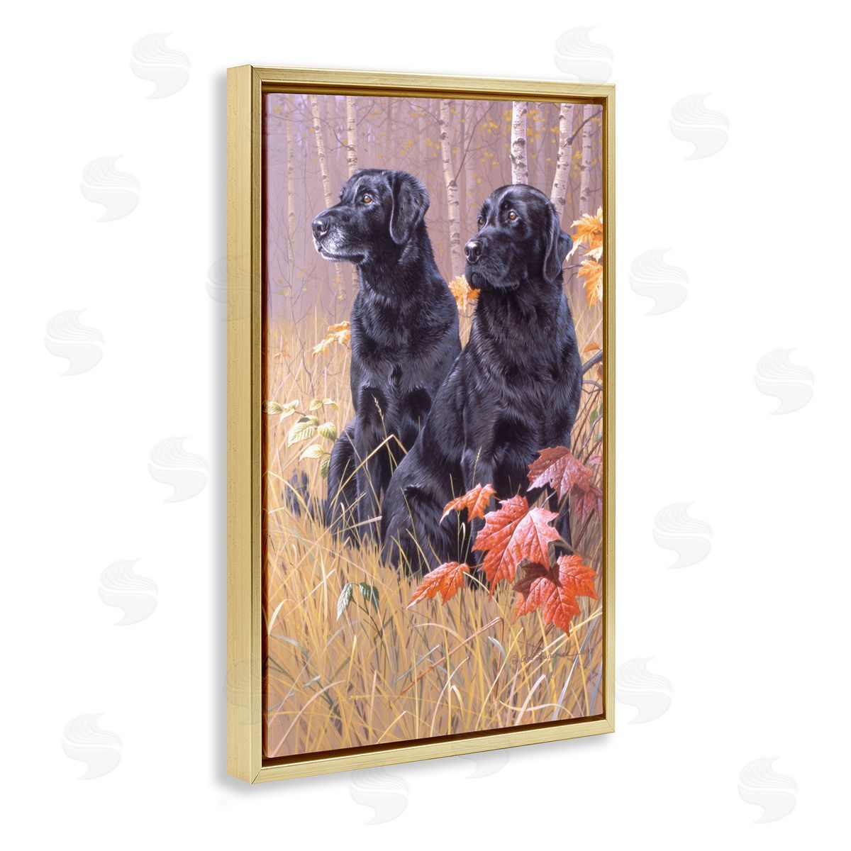 Rod Lawrence Autumnal Black Dogs Gold Floating Frame Canvas Wall Art Print
