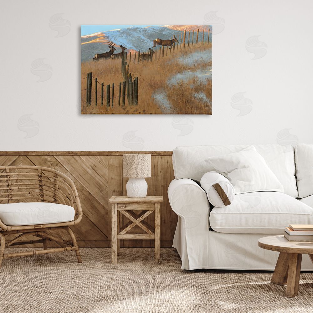 Rod Lawrence Deer Jumping Country Fence Canvas Wall Art Print in Room