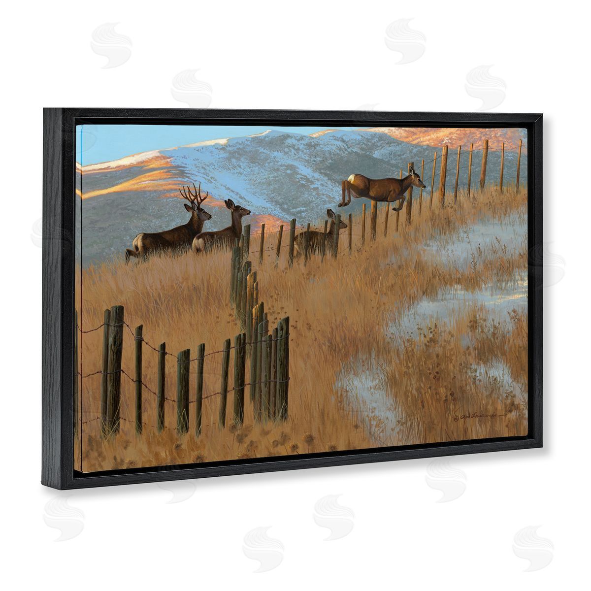 Rod Lawrence Deer Jumping Country Fence Black Floating Frame Canvas Wall Art Print