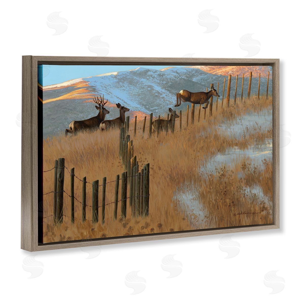 Rod Lawrence Deer Jumping Country Fence Brown Floating Frame Canvas Wall Art Print