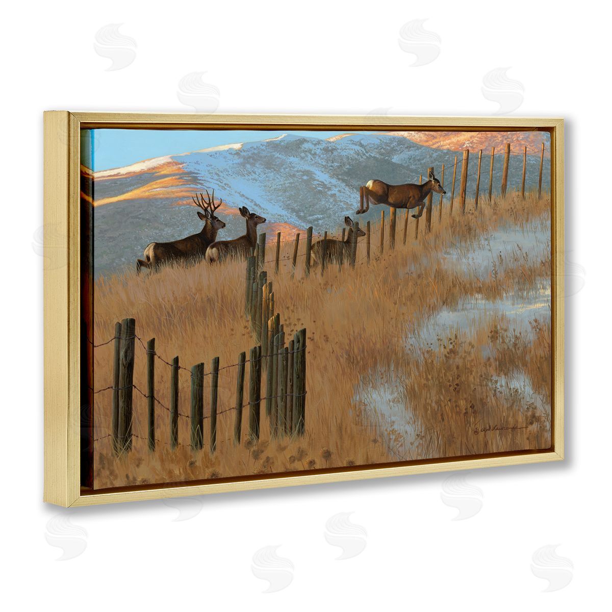 Rod Lawrence Deer Jumping Country Fence Gold Floating Frame Canvas Wall Art Print