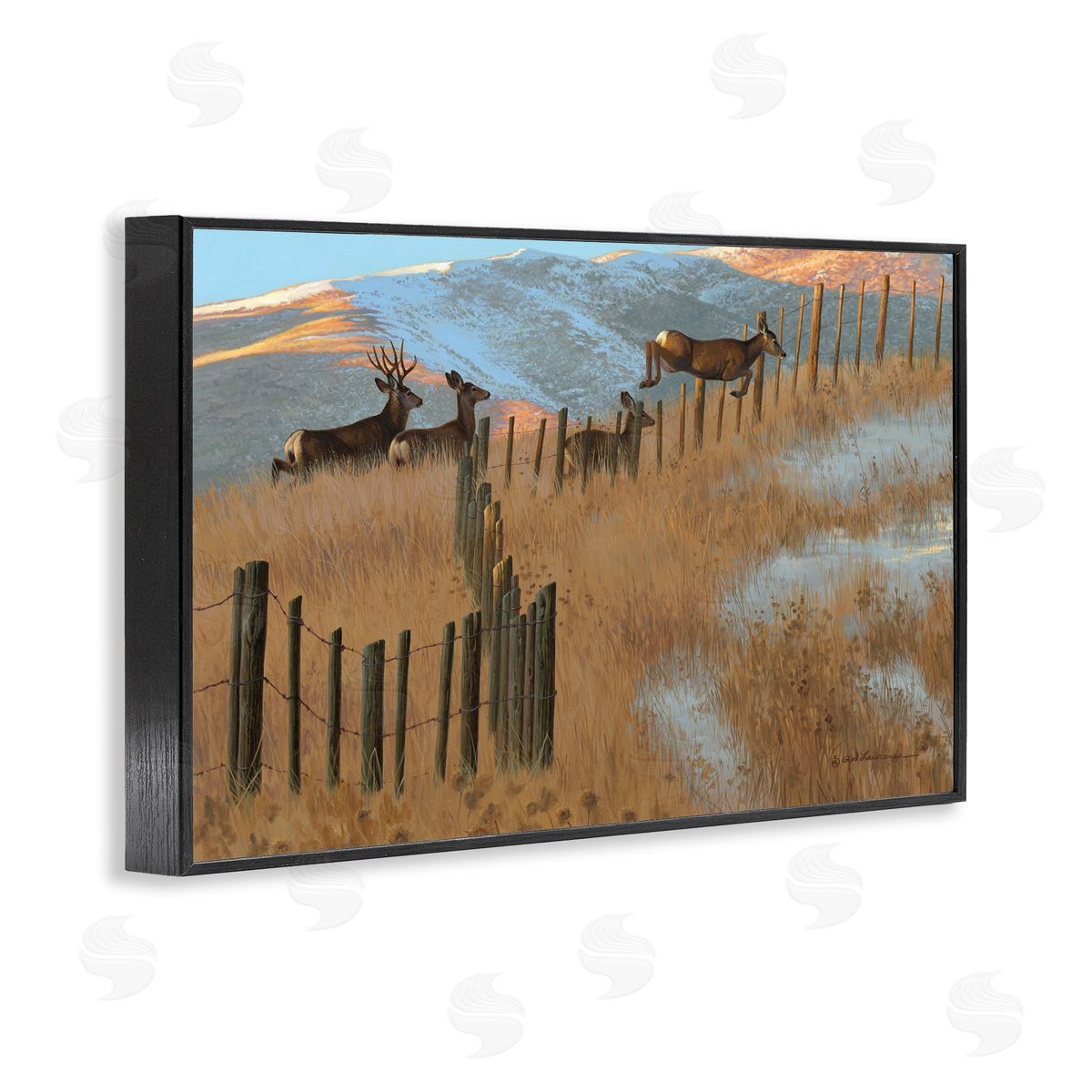 Rod Lawrence Deer Jumping Country Fence Black Framed Giclee Wall Art Print