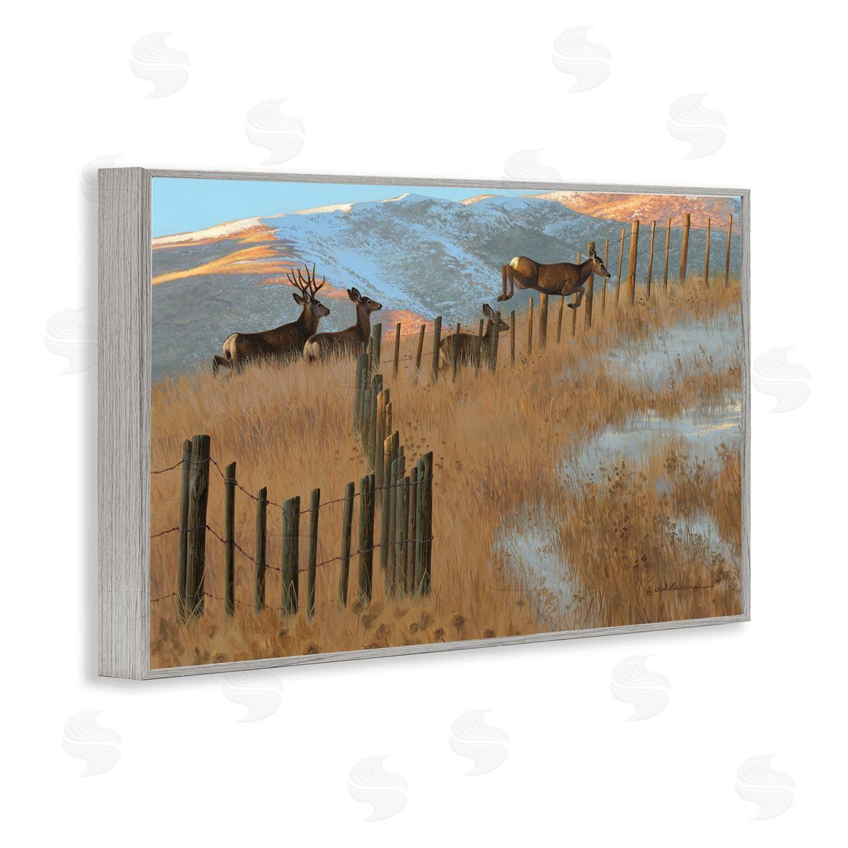 Rod Lawrence Deer Jumping Country Fence Gray Framed Giclee Wall Art Print