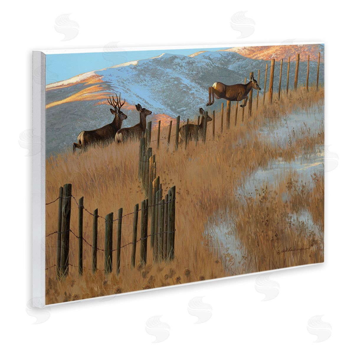 Rod Lawrence Deer Jumping Country Fence Wooden Wall Plaque Art Print