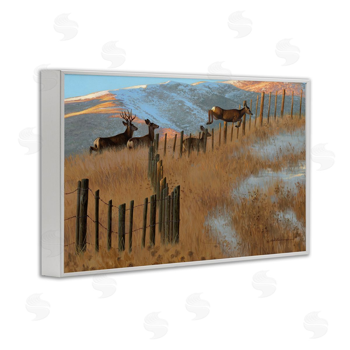 Rod Lawrence Deer Jumping Country Fence White Framed Giclee Wall Art Print