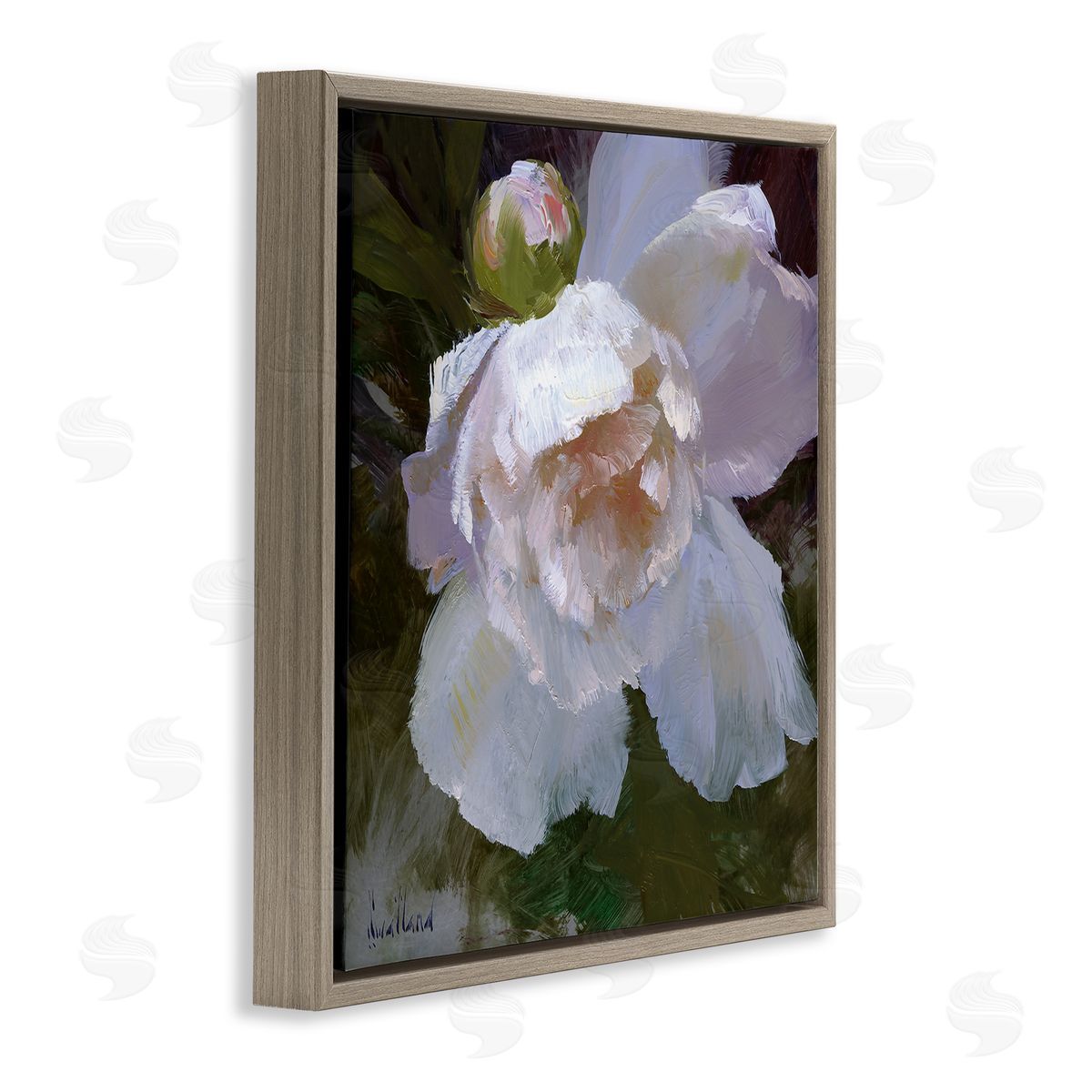 Katie Swatland Ruffled Petals White Flower Brown Floating Frame Canvas Wall Art Print