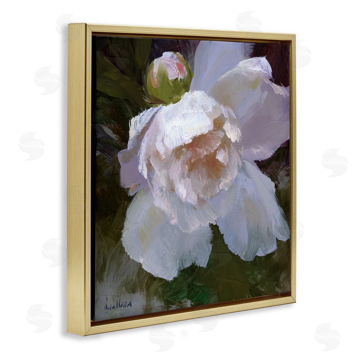 Katie Swatland Ruffled Petals White Flower Gold Floating Frame Canvas Wall Art Print