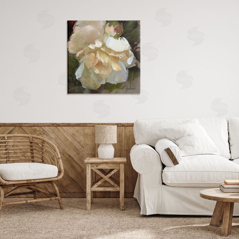 Katie Swatland Ruffled White Flower Canvas Wall Art Print in Room