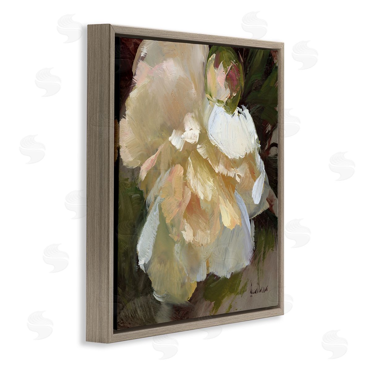 Katie Swatland Ruffled White Flower Brown Floating Frame Canvas Wall Art Print