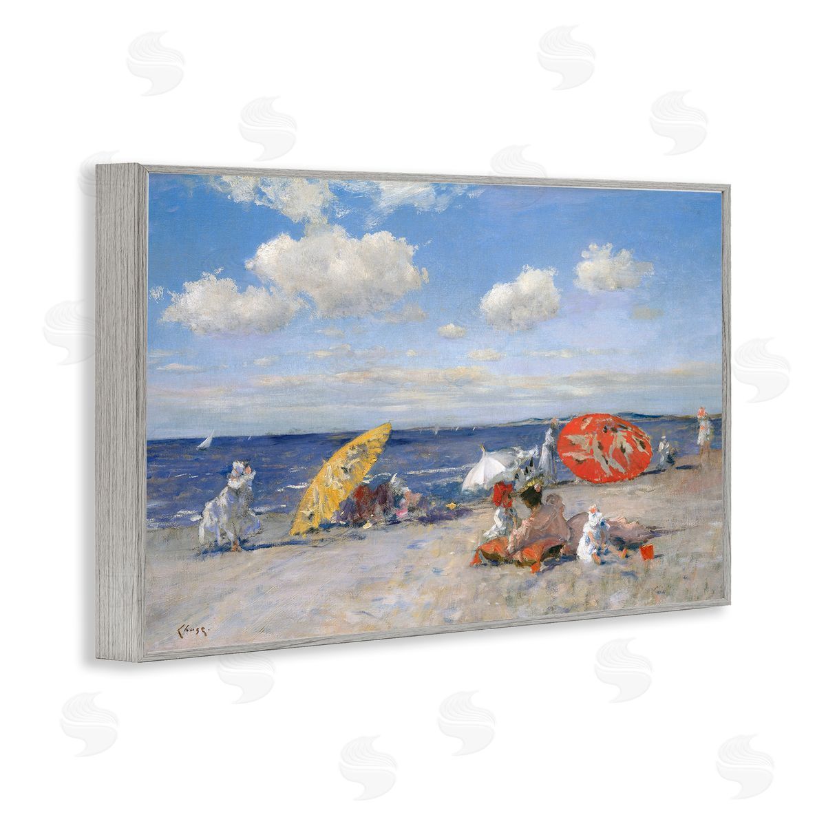 William Merit Chase Classic Beachgoers Scene Gray Framed Giclee Wall Art Print