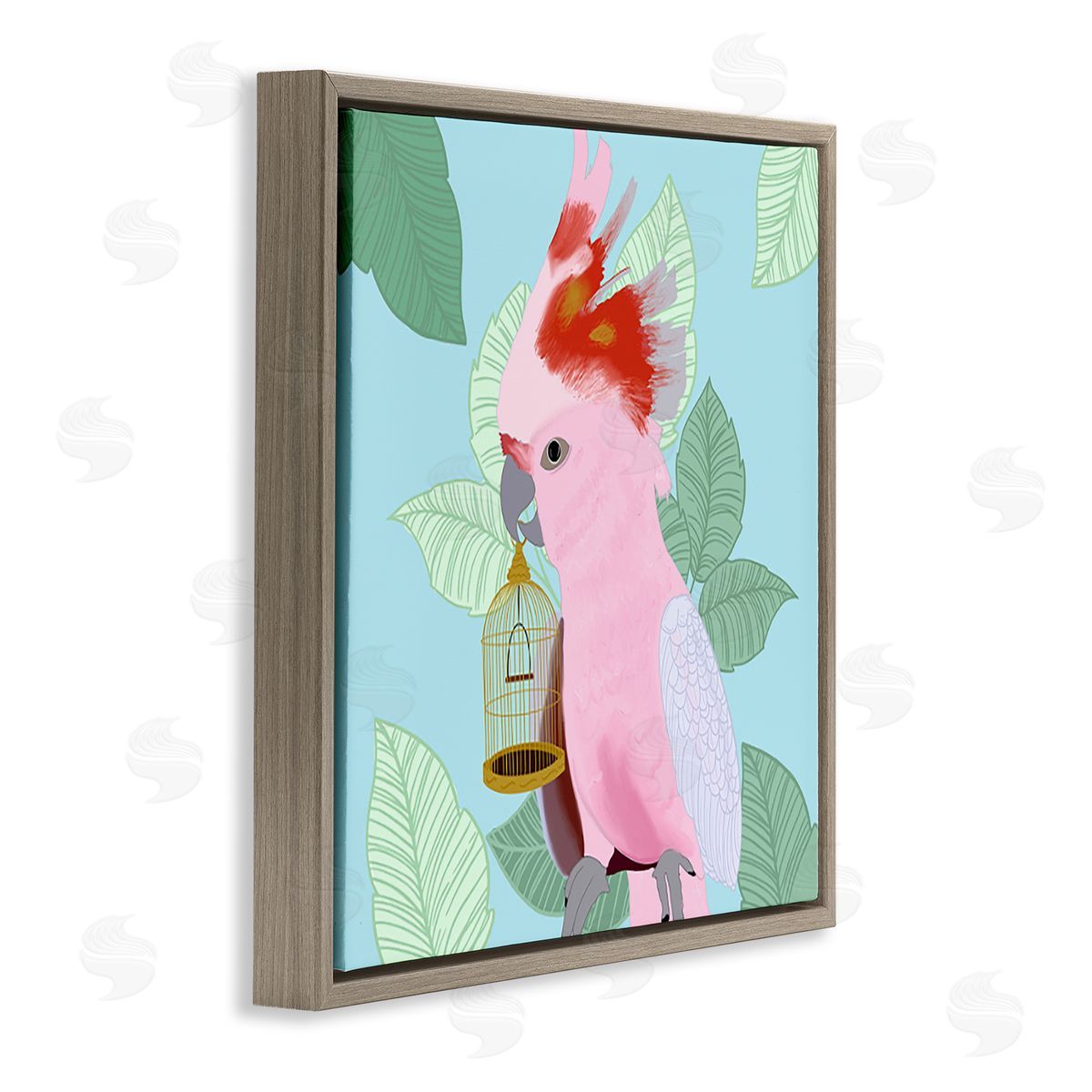 Ashley Singleton Pink Cockatoo with Leaves Brown Floating Frame Canvas Wall Art Print