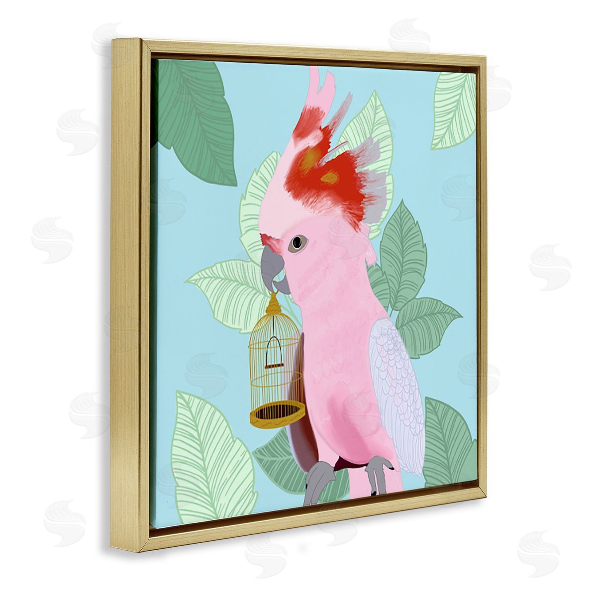 Ashley Singleton Pink Cockatoo with Leaves Gold Floating Frame Canvas Wall Art Print