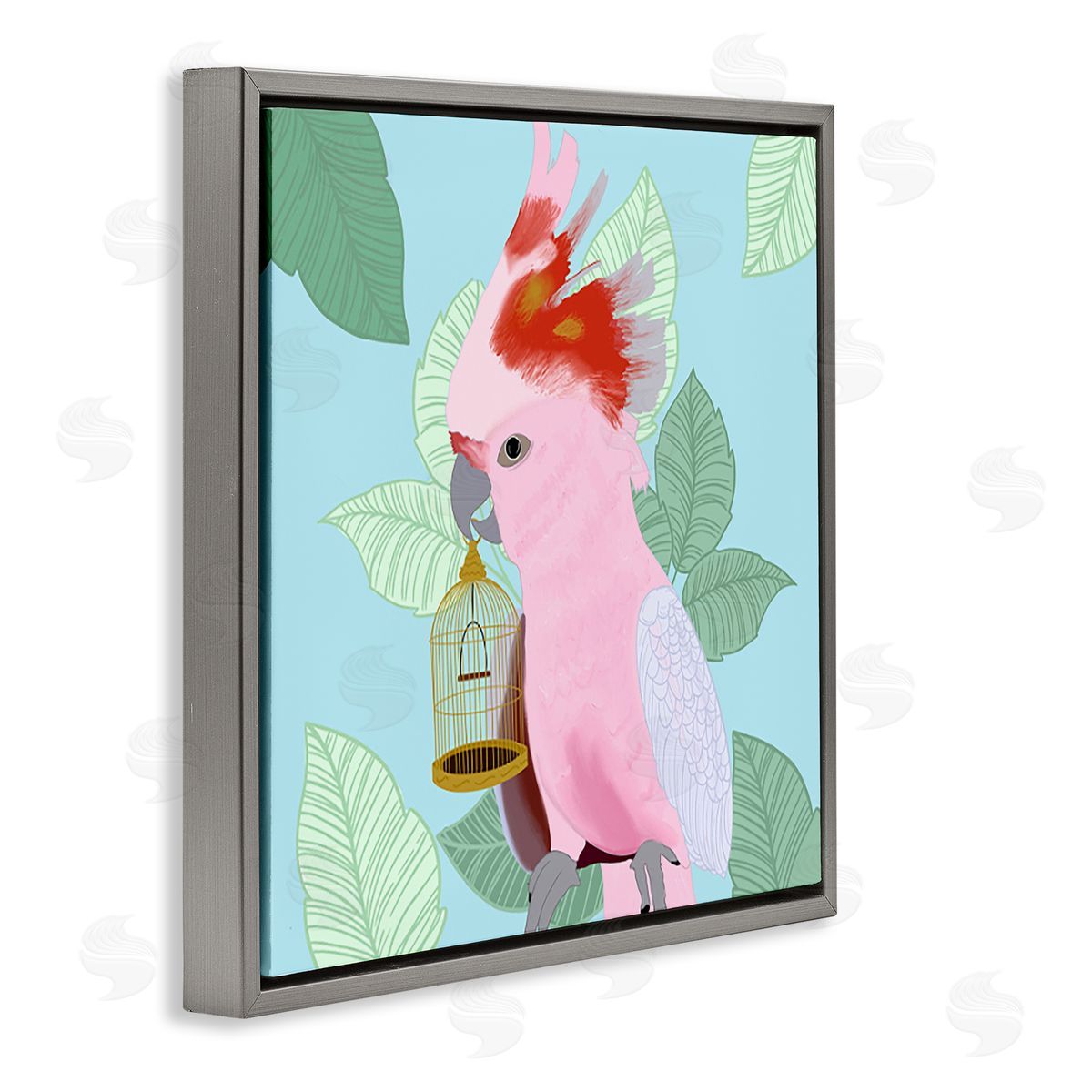 Ashley Singleton Pink Cockatoo with Leaves Gray Floating Frame Canvas Wall Art Print