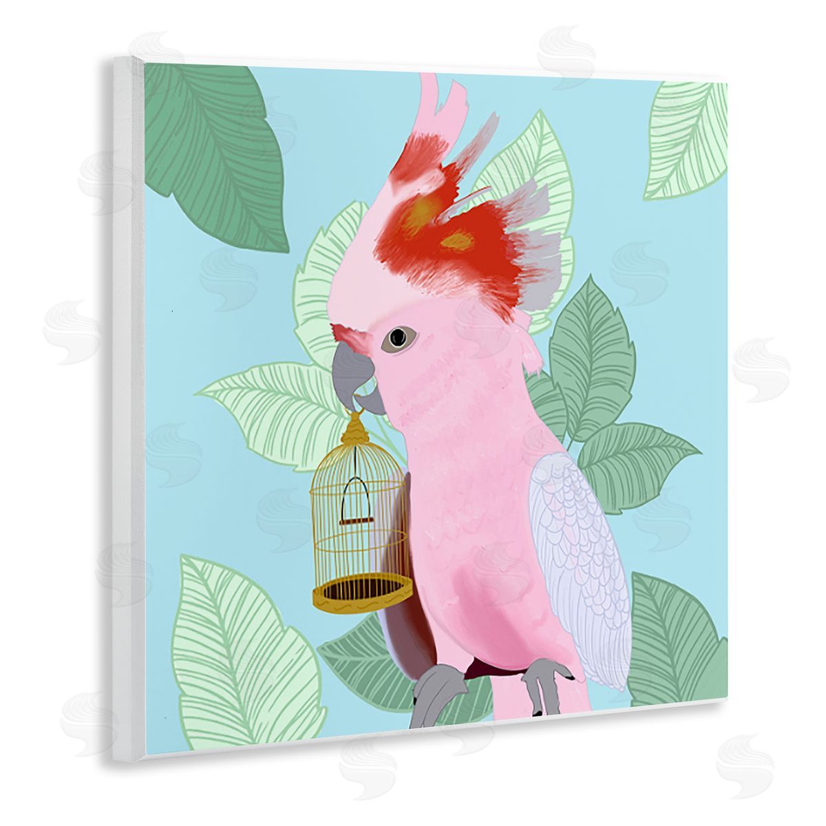 Ashley Singleton Pink Cockatoo with Leaves Wooden Wall Plaque Art Print