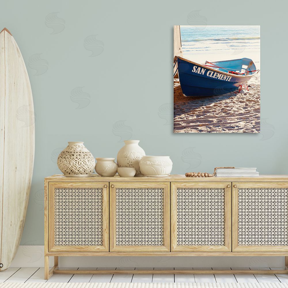 Ashley Singleton Blue Boat on Sand Canvas Wall Art Print in Room