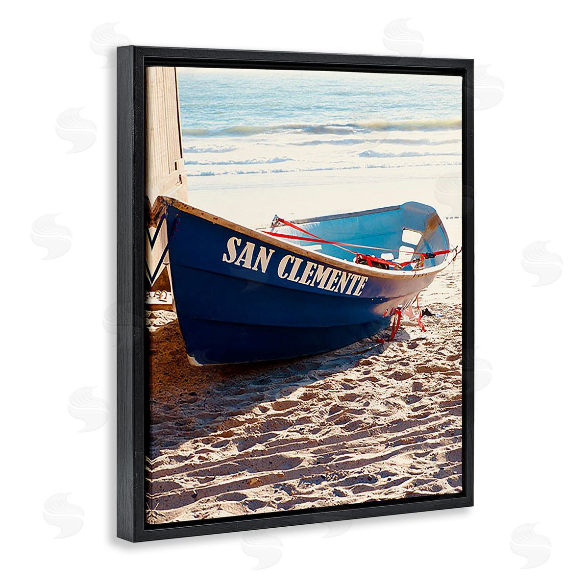 Ashley Singleton Blue Boat on Sand Black Floating Frame Canvas Wall Art Print