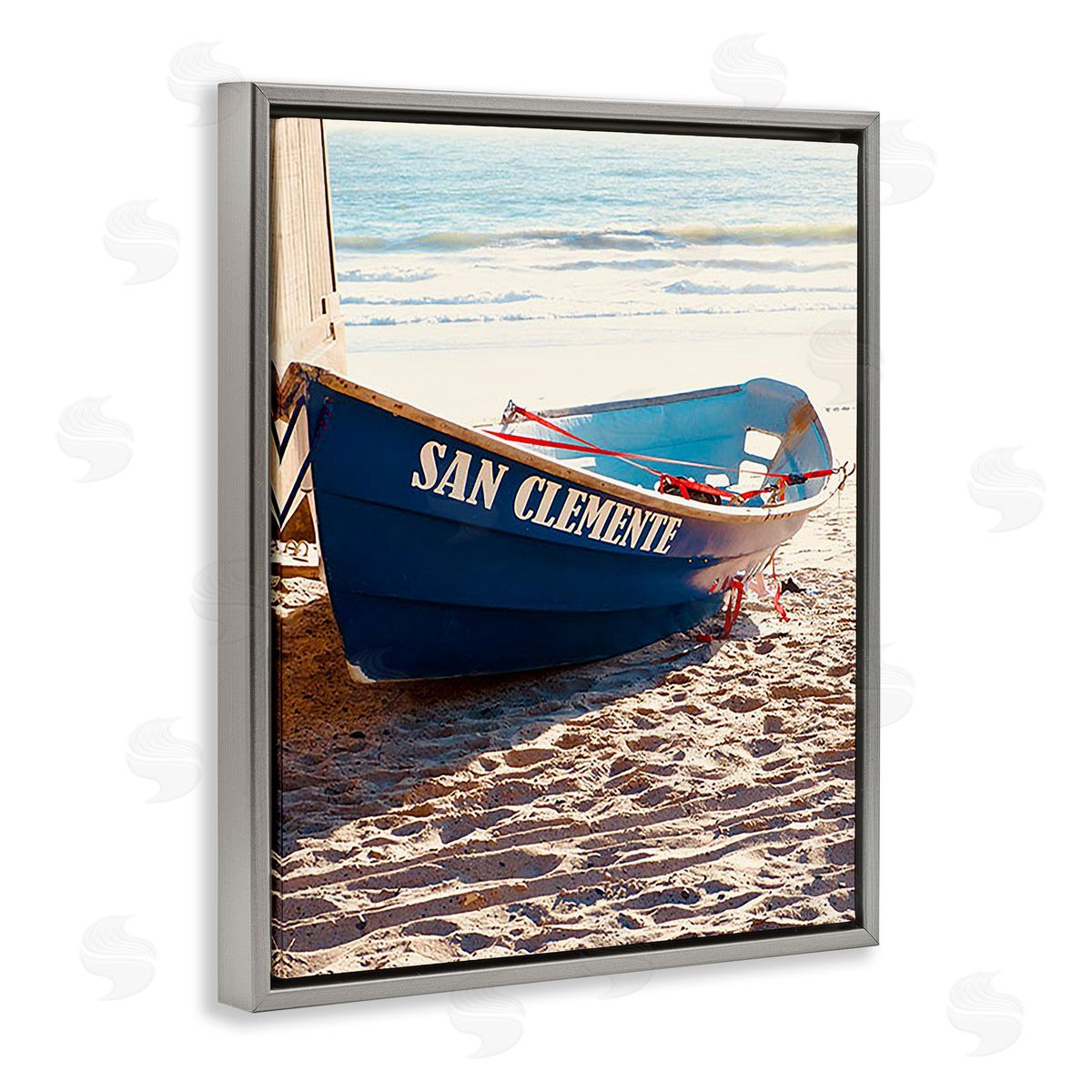Ashley Singleton Blue Boat on Sand Gray Floating Frame Canvas Wall Art Print
