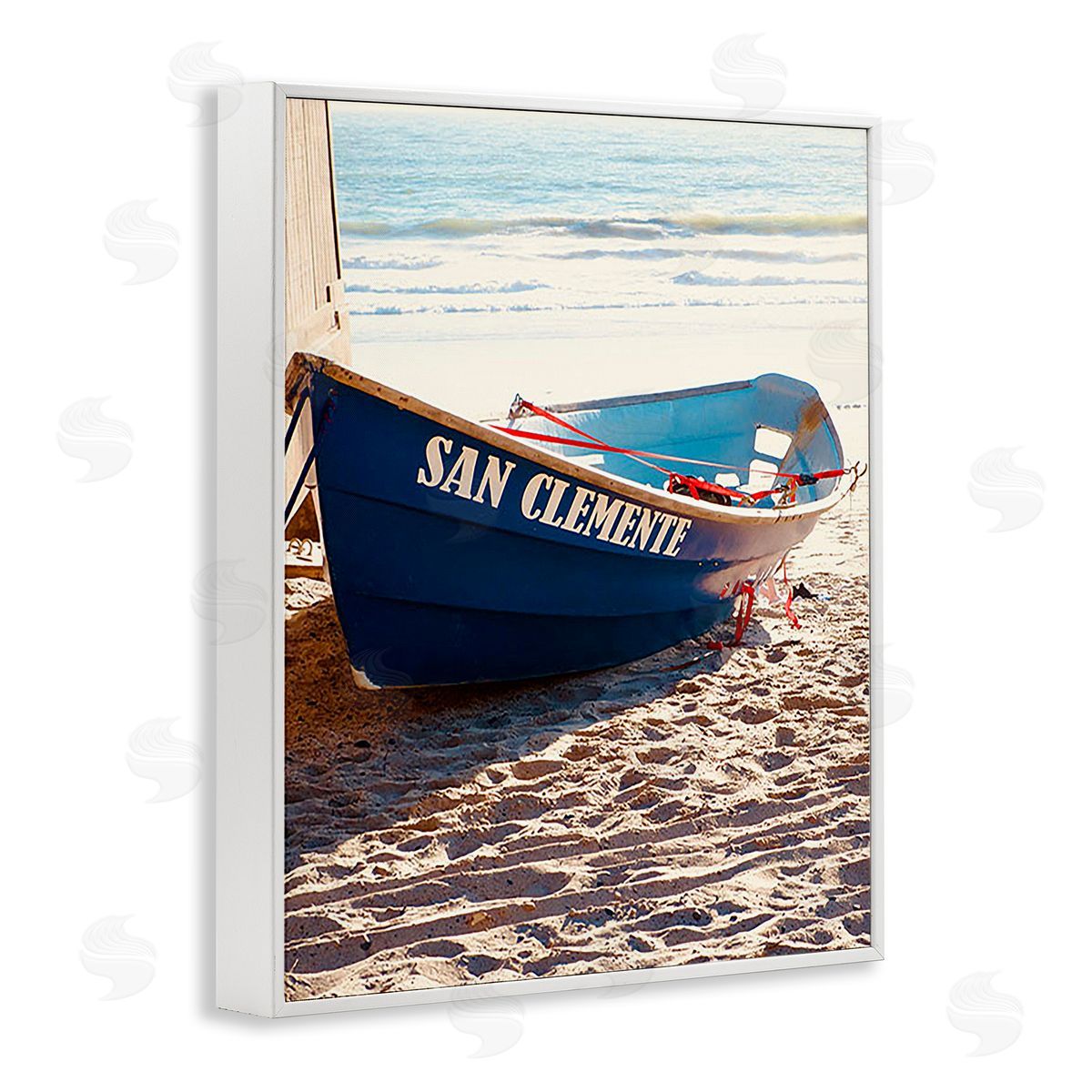 Ashley Singleton Blue Boat on Sand White Framed Giclee Wall Art Print