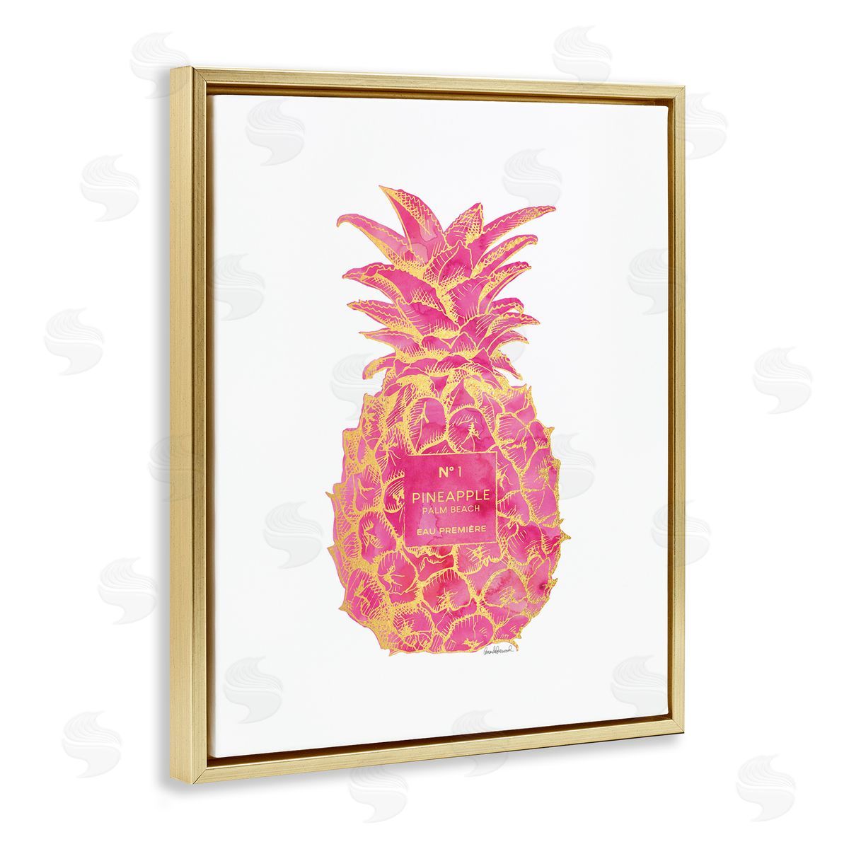 Glam & Pink Pineapple Gold Floating Frame Canvas Wall Art, Home Decor by Amanda Greenwood