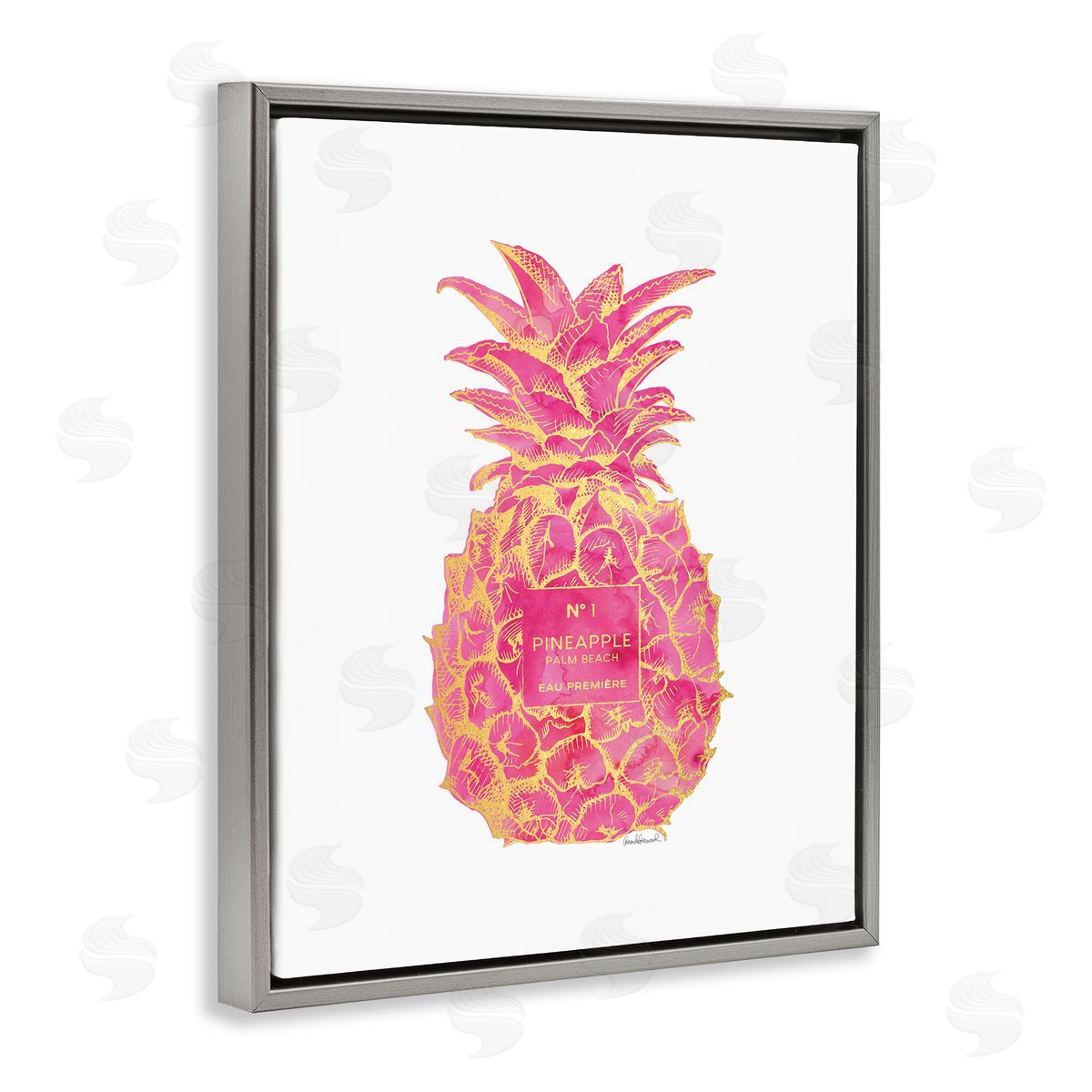Glam & Pink Pineapple Grey Floating Frame Canvas Wall Art, Home Decor by Amanda Greenwood