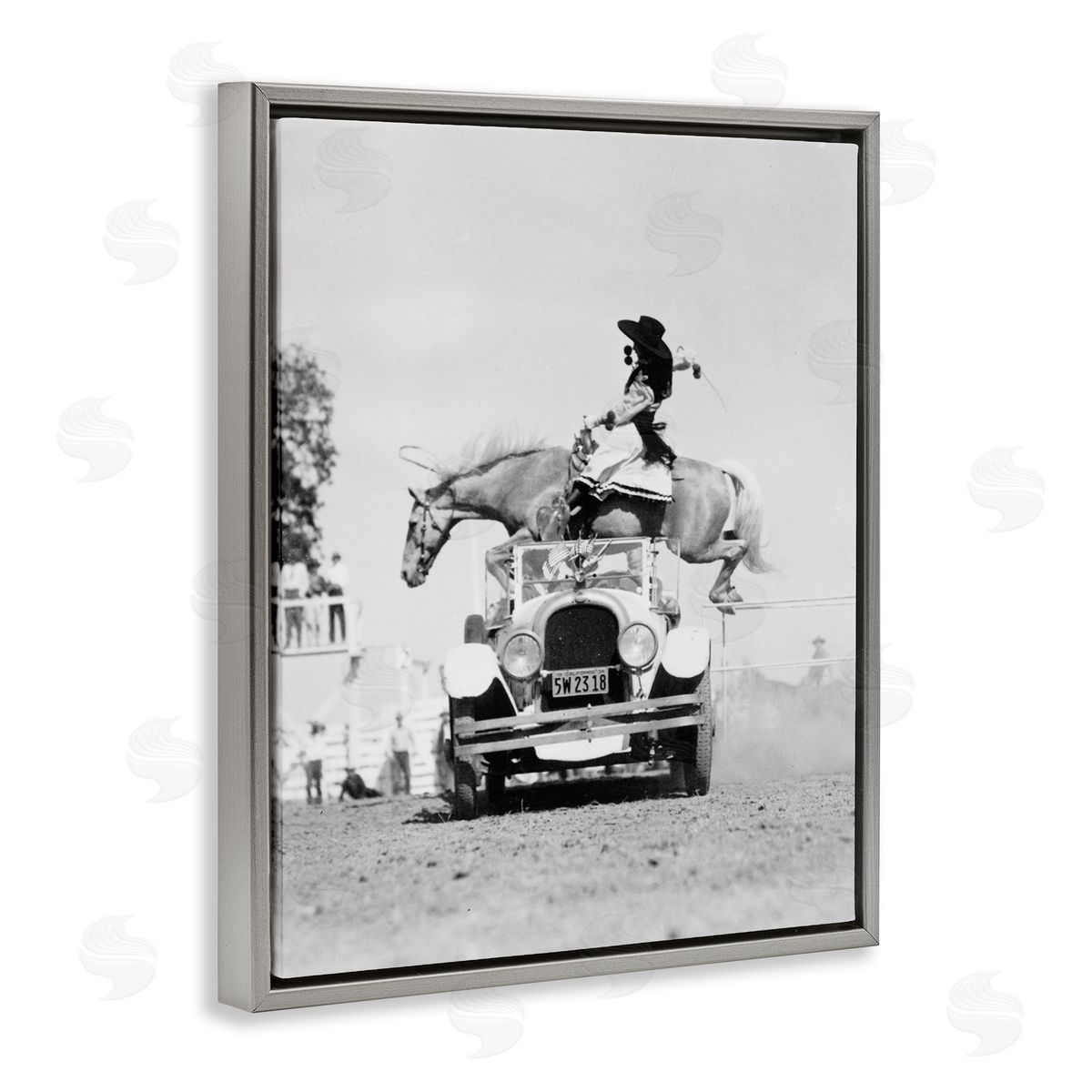 Stupell Studio Rodeo Girl Jumping Horse Gray Floating Frame Canvas Wall Art Print