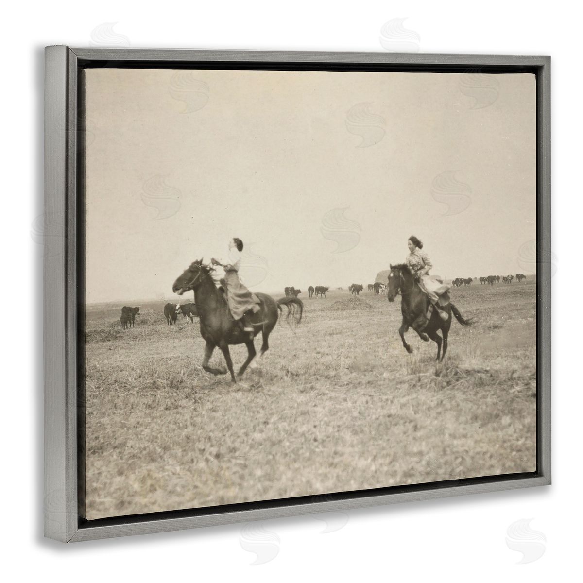 Stupell Studio Galloping Cowgirl Friends Gray Floating Frame Canvas Wall Art Print