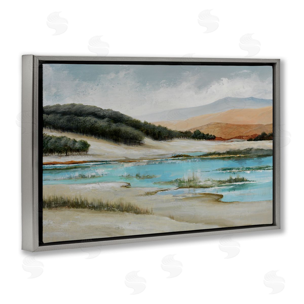 Max Maxx River's Edge Landscape Gray Floating Frame Canvas Wall Art Print