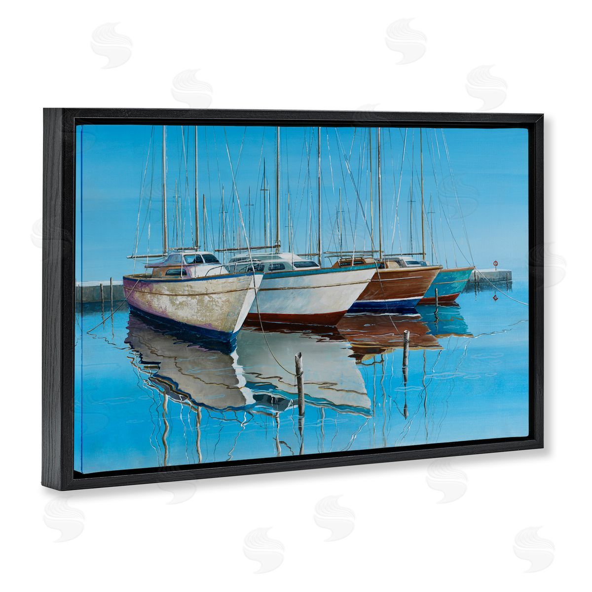 Max Maxx Four Docked Boats Reflection Black Floating Frame Canvas Wall Art Print
