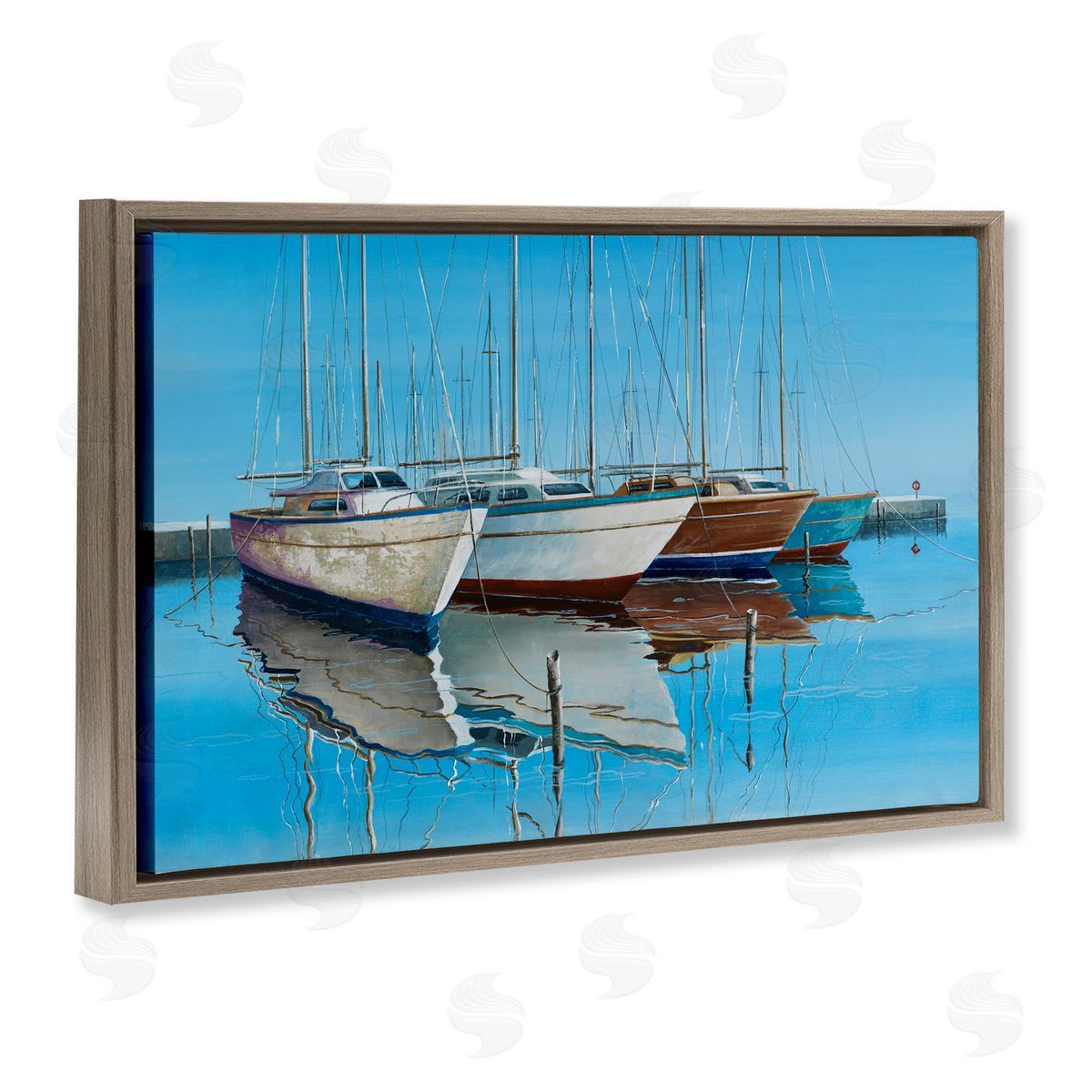 Max Maxx Four Docked Boats Reflection Brown Floating Frame Canvas Wall Art Print
