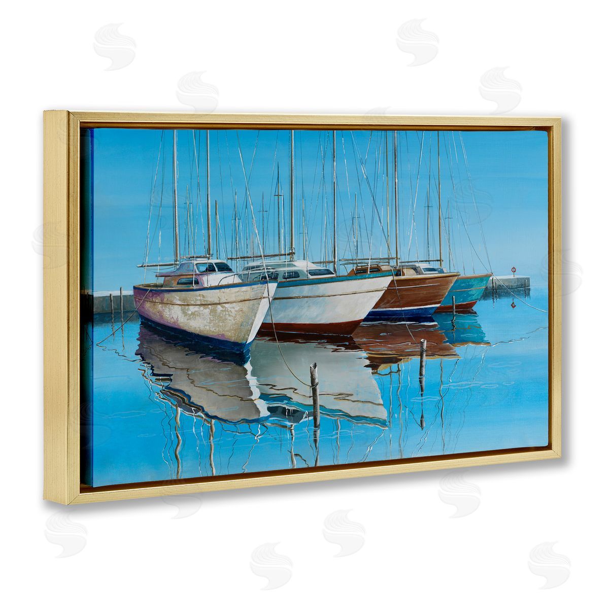 Max Maxx Four Docked Boats Reflection Gold Floating Frame Canvas Wall Art Print