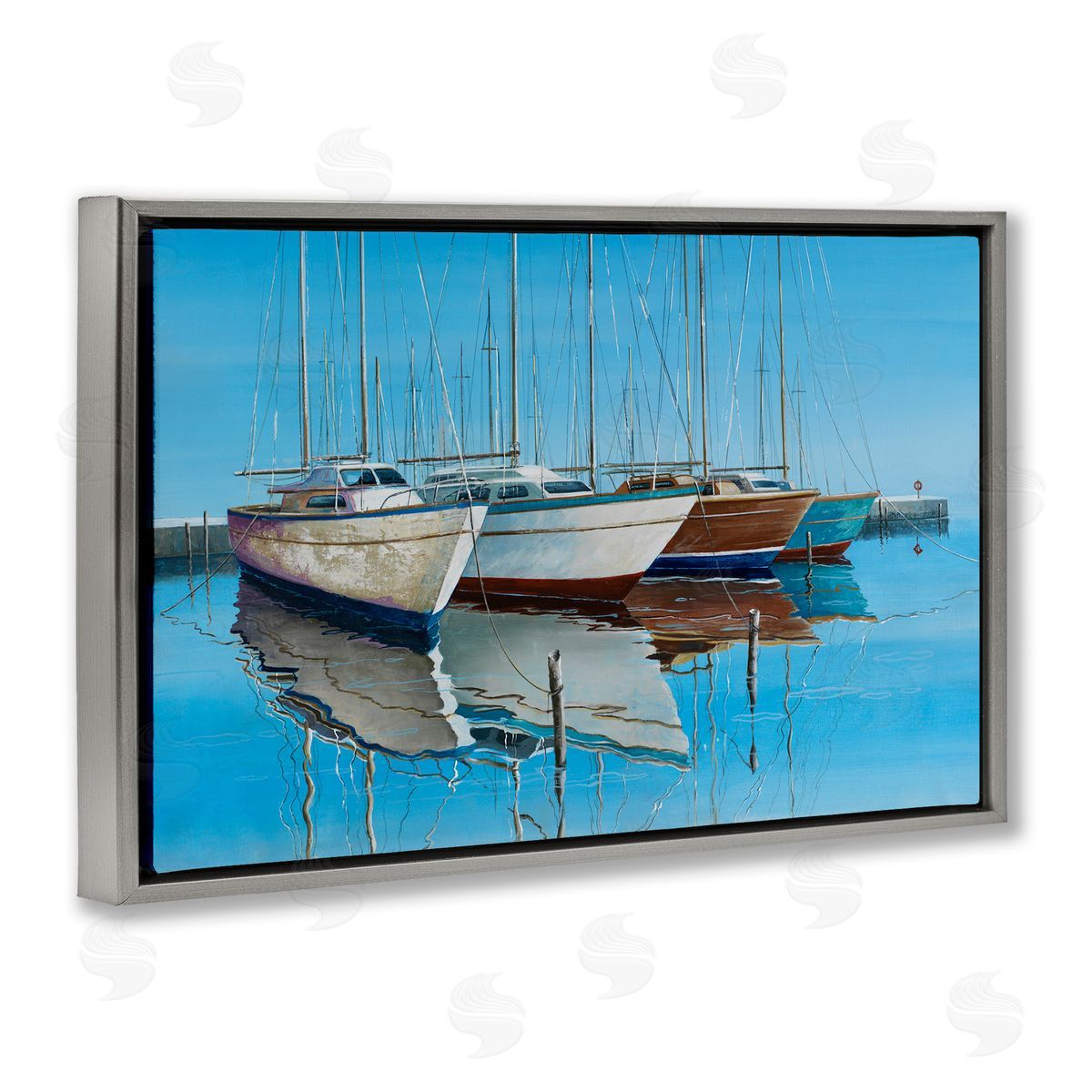 Max Maxx Four Docked Boats Reflection Gray Floating Frame Canvas Wall Art Print