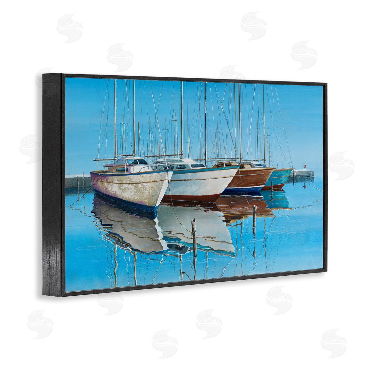 Max Maxx Four Docked Boats Reflection Black Framed Giclee Wall Art Print