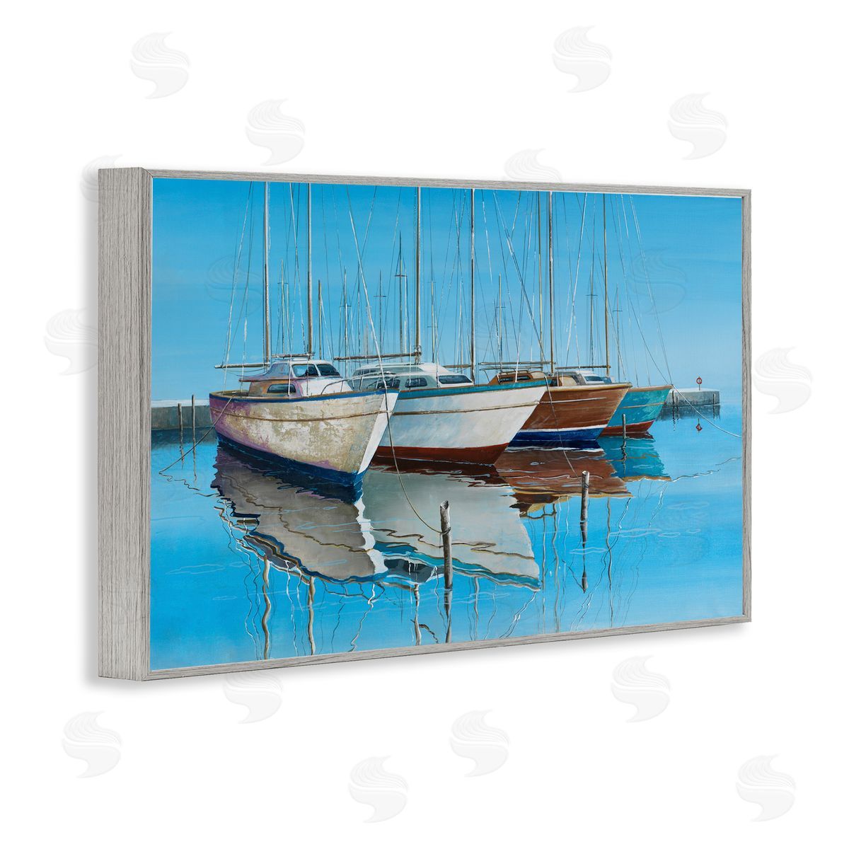 Max Maxx Four Docked Boats Reflection Gray Framed Giclee Wall Art Print