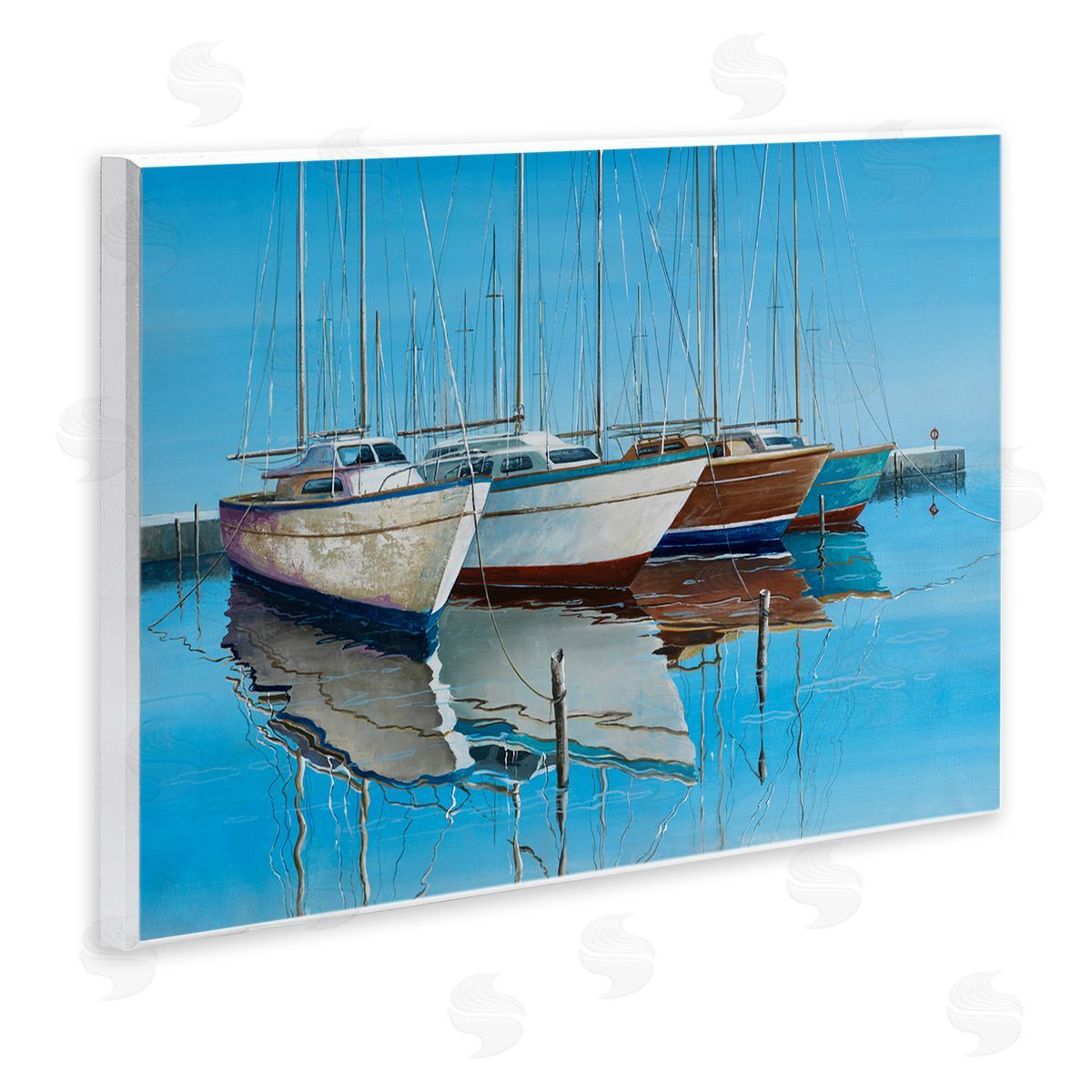 Max Maxx Four Docked Boats Reflection Wooden Wall Plaque Art Print