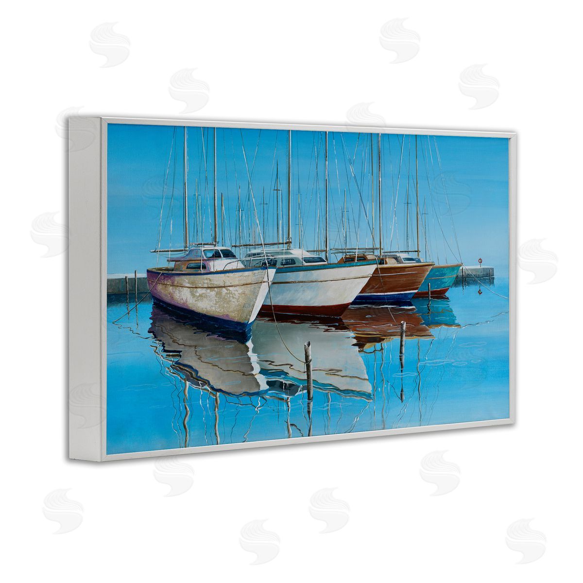 Max Maxx Four Docked Boats Reflection White Framed Giclee Wall Art Print