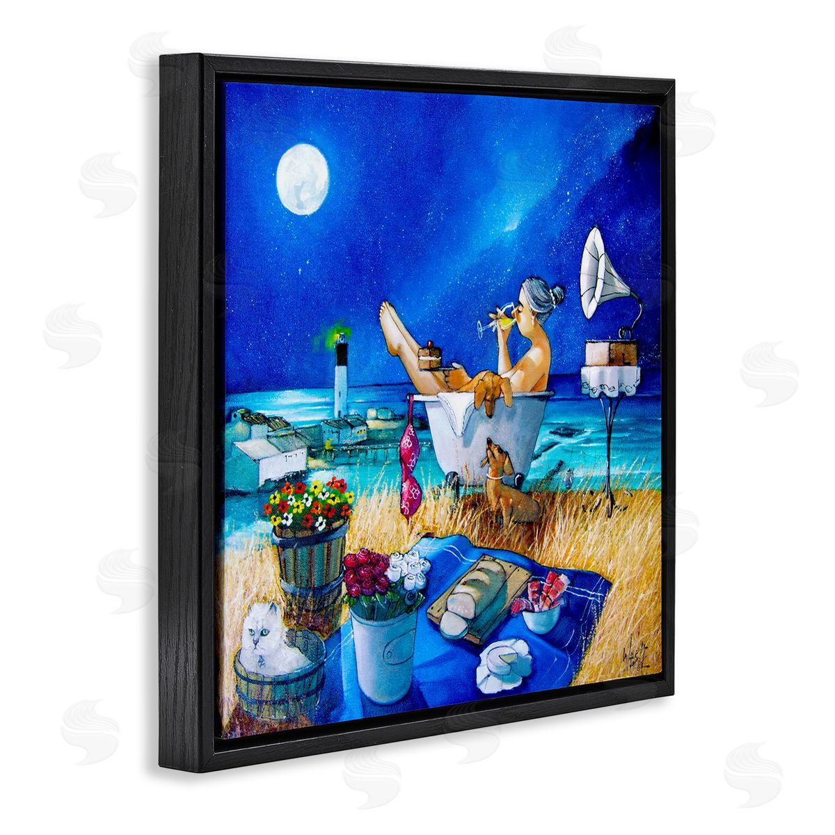 Ronald West Nighttime Bath by Sea Black Floating Frame Canvas Wall Art Print